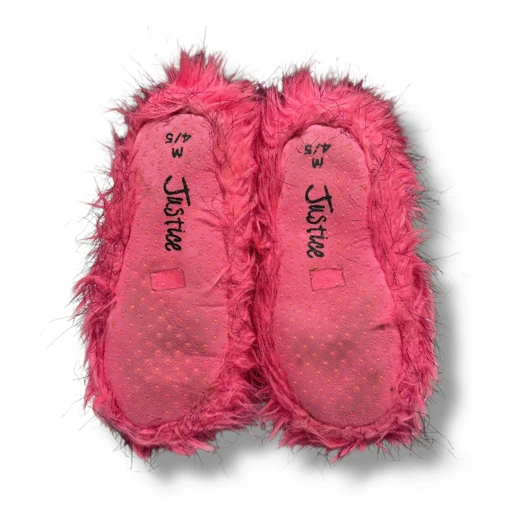 Justice Girls Pink Faux Fur Fuzzy Sparkle Slipper Booties Size‎ M 4/5